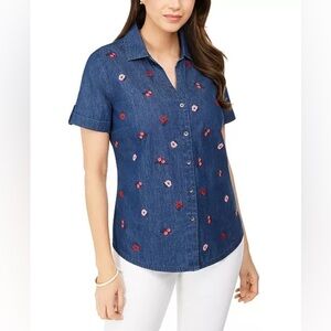 Karen Scott Floral Embroidered Dark Denim Button-Up Shirt Size Large